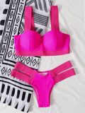 Women's rose red bikini swimsuit with steel bracket push-up board, shown with matching pants.