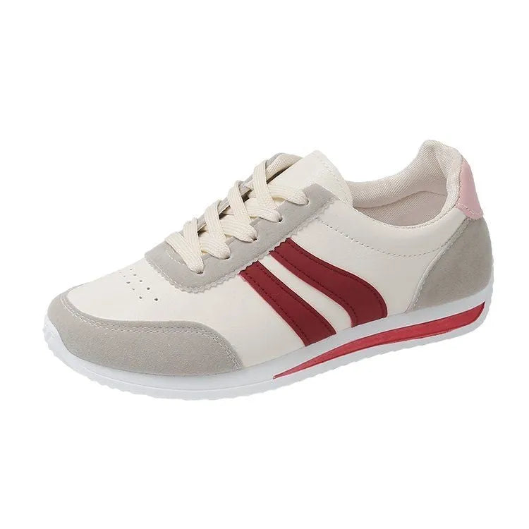 Red and blue low top lace-up leisure sneaker with PU mesh upper and rubber sole.