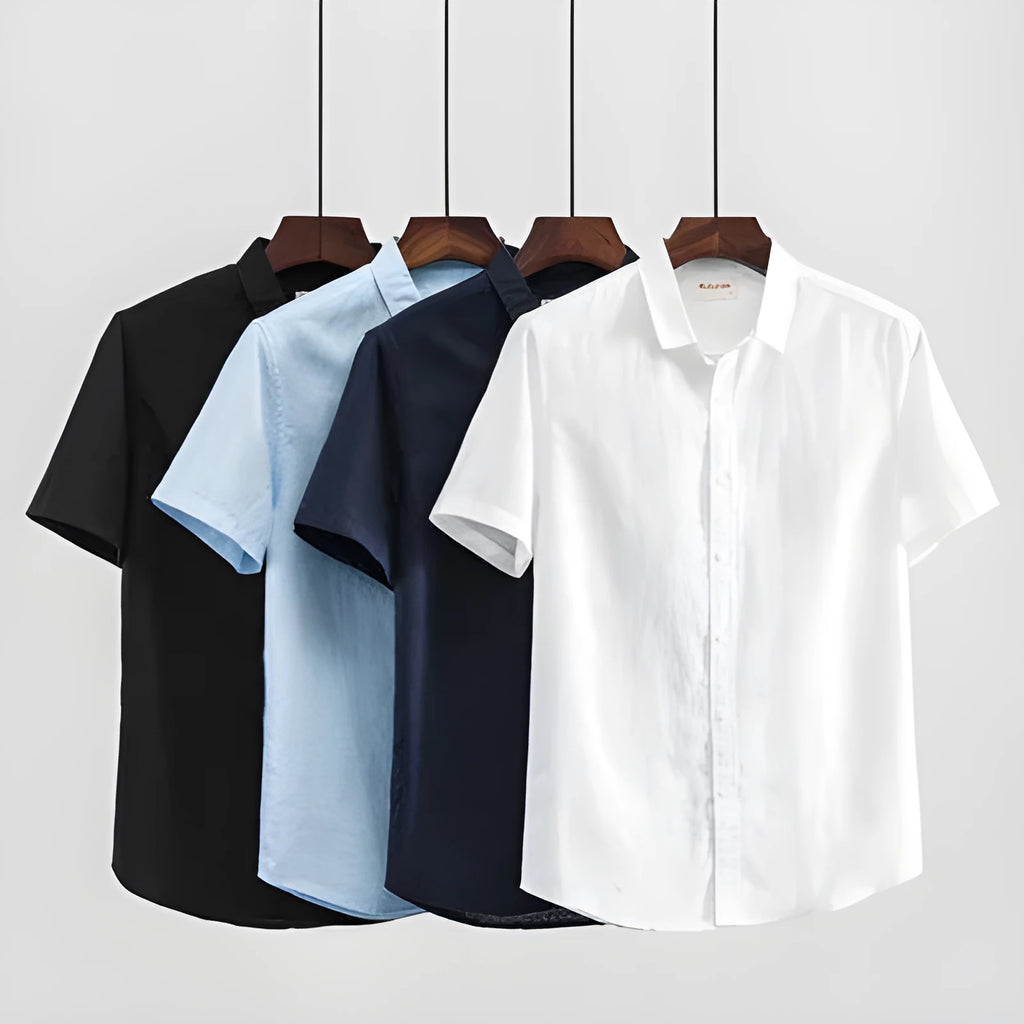 Men's light blue linen square collar casual short sleeve shirt laid flat