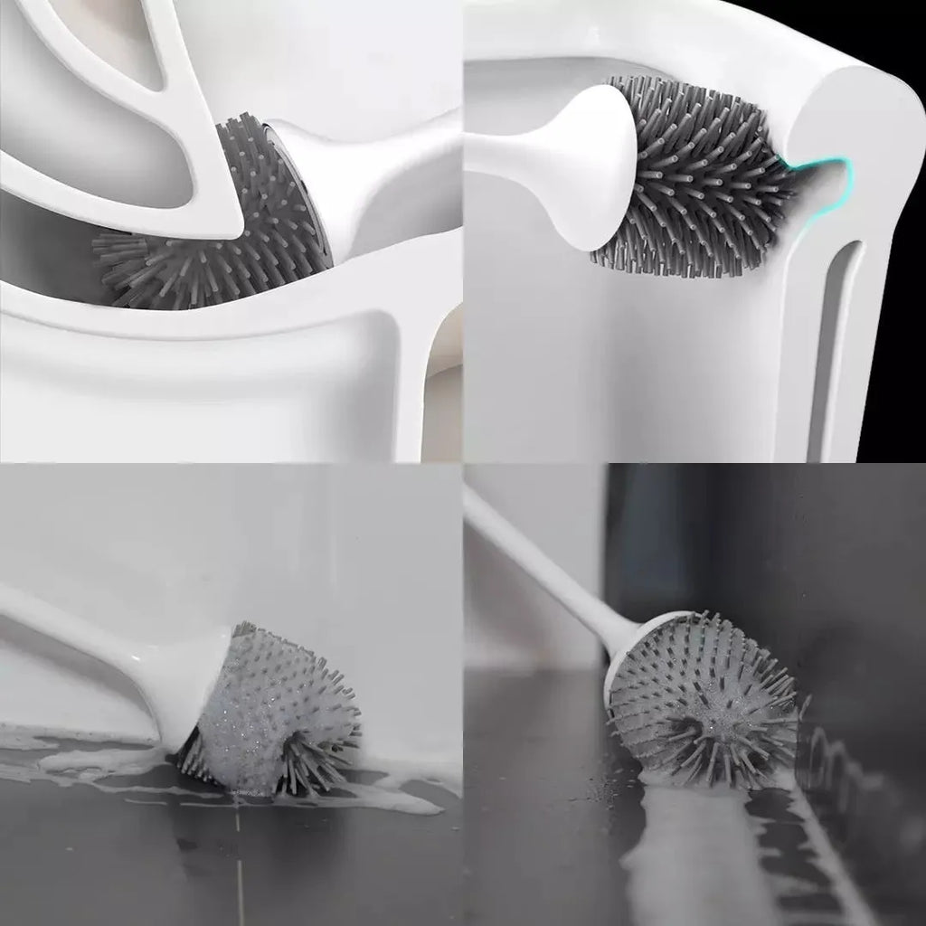 White wireless electric toilet brush with base and USB cable on a bathroom floor