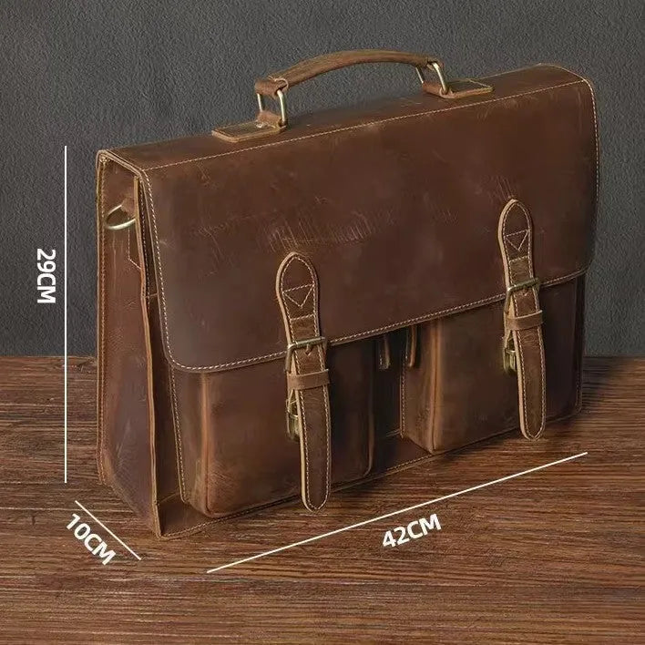 Brown cowhide leather crossbody computer bag with anti-theft features for business use