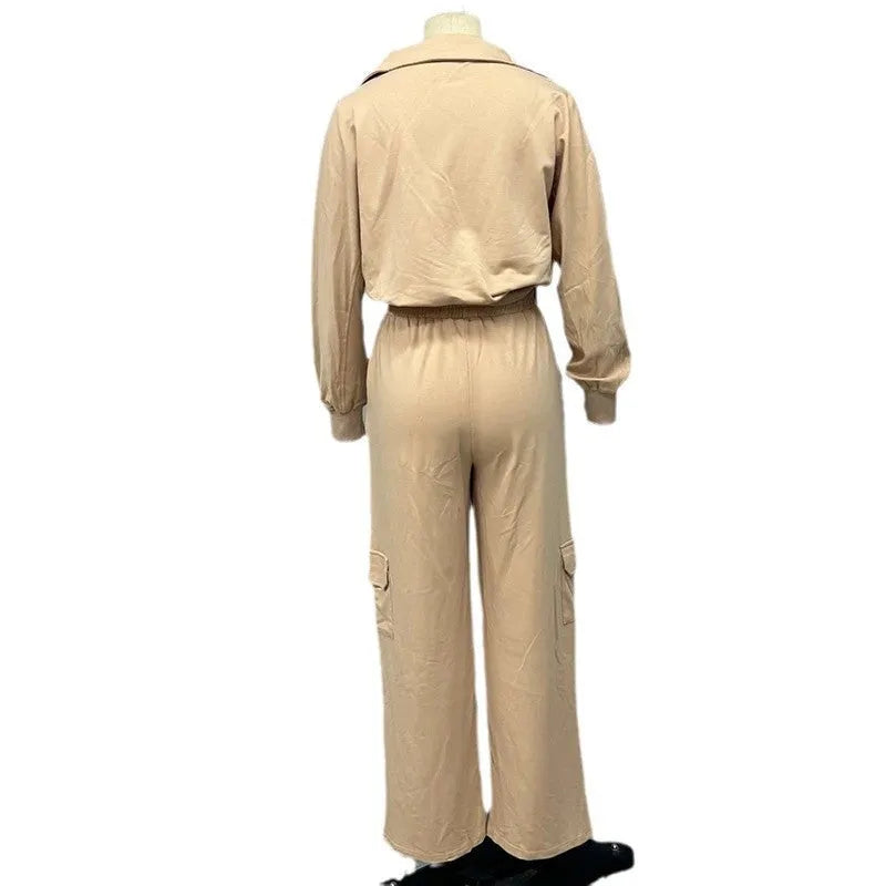 Women's light camel polyester lapel top and wide leg trouser two-piece work clothes set