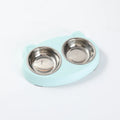 Blue double compartment plastic pet feeder tray for cat or dog food and water.