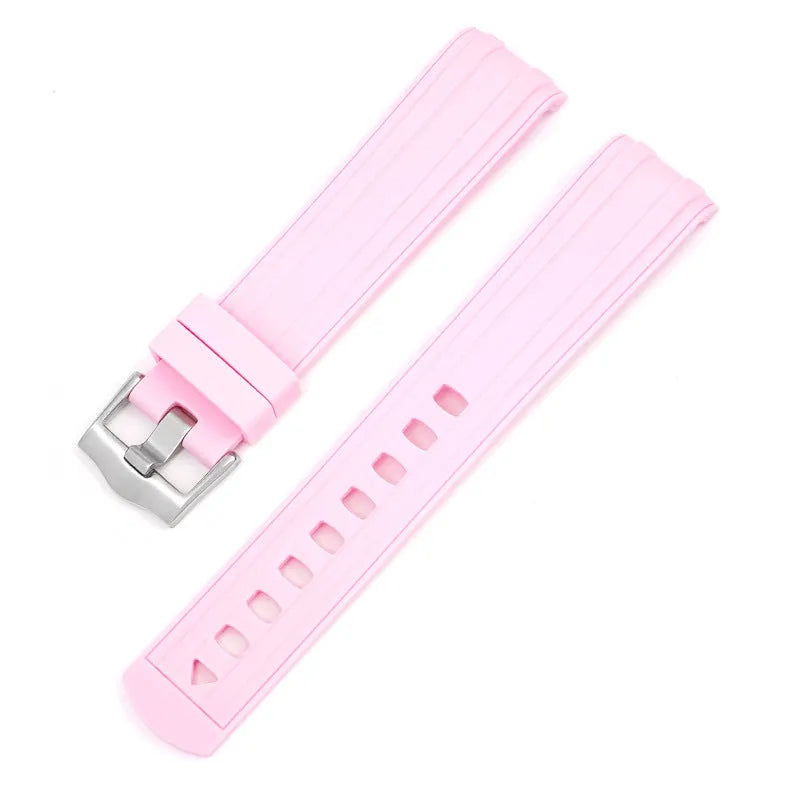 Apple Watch strap with silver buckle in 12 colour options including army green, sapphire blue, and dark red.
