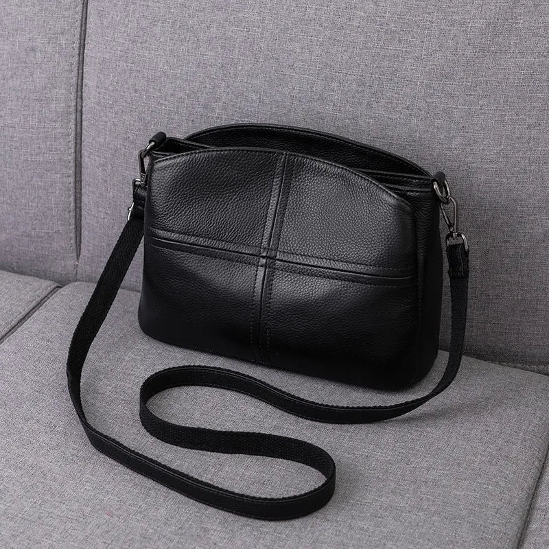 Genuine cowhide leather handbag with plaid pattern, horizontal square shape, single strap, urban minimalist style