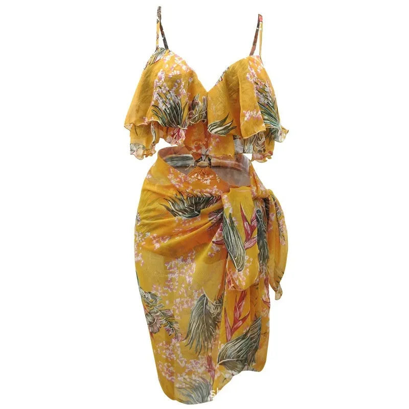 Pink floral women's push-up one-piece swimsuit with triangle belt and large veils for couple matching swimwear set