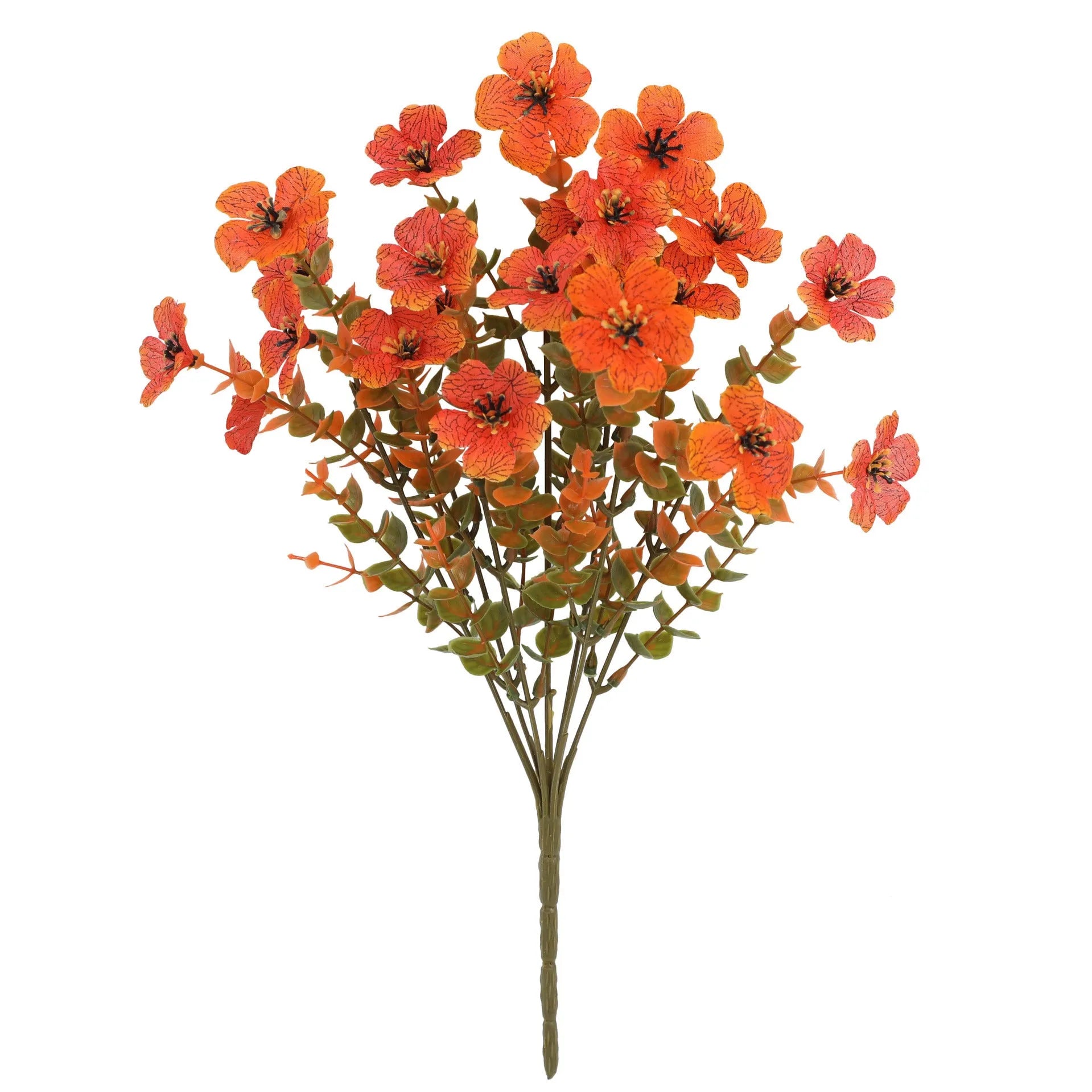 Artificial flower bouquet with autumn orange, red, and yellow silk flowers on plastic stems for decoration