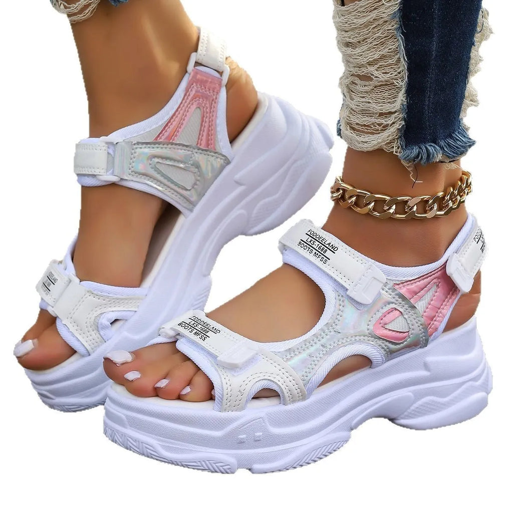 Women's Roman platform sports sandals in white and black colours with PU upper and rubber sole