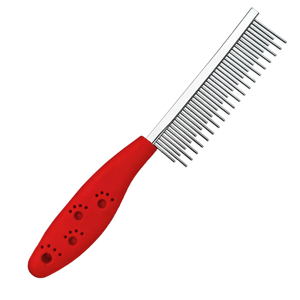 Red pet grooming comb with short and long stainless steel teeth for dematting knots and tangles