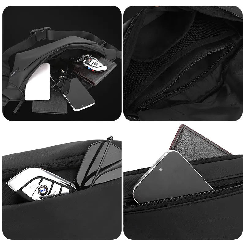 Outdoor casual sports crossbody bag in black nylon with stitching details, worn across chest