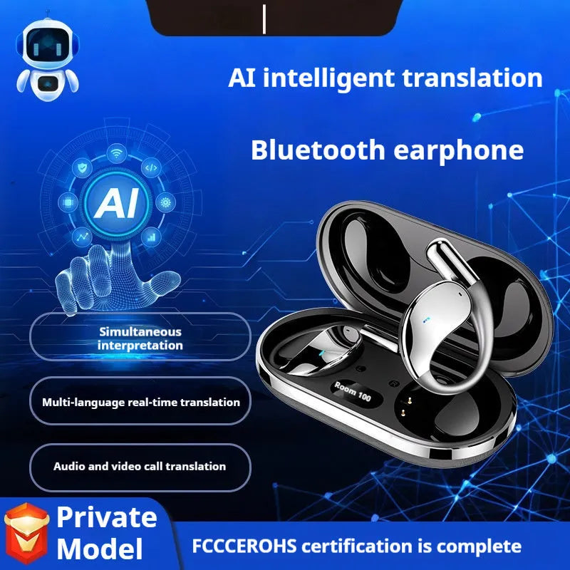 Black and beige hanging ear Bluetooth sports earphones with digital display on a white background.