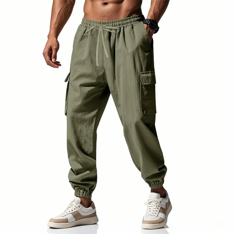 Men's casual linen trousers with ankle ties and multiple pockets in solid colour options