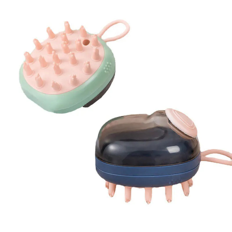 Blue pet bath brush and shampoo dispenser with soft silicone bristles and a hang hole