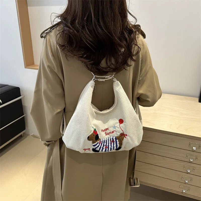 Retro large capacity women's tote bag with double shoulder straps in blue and white colours