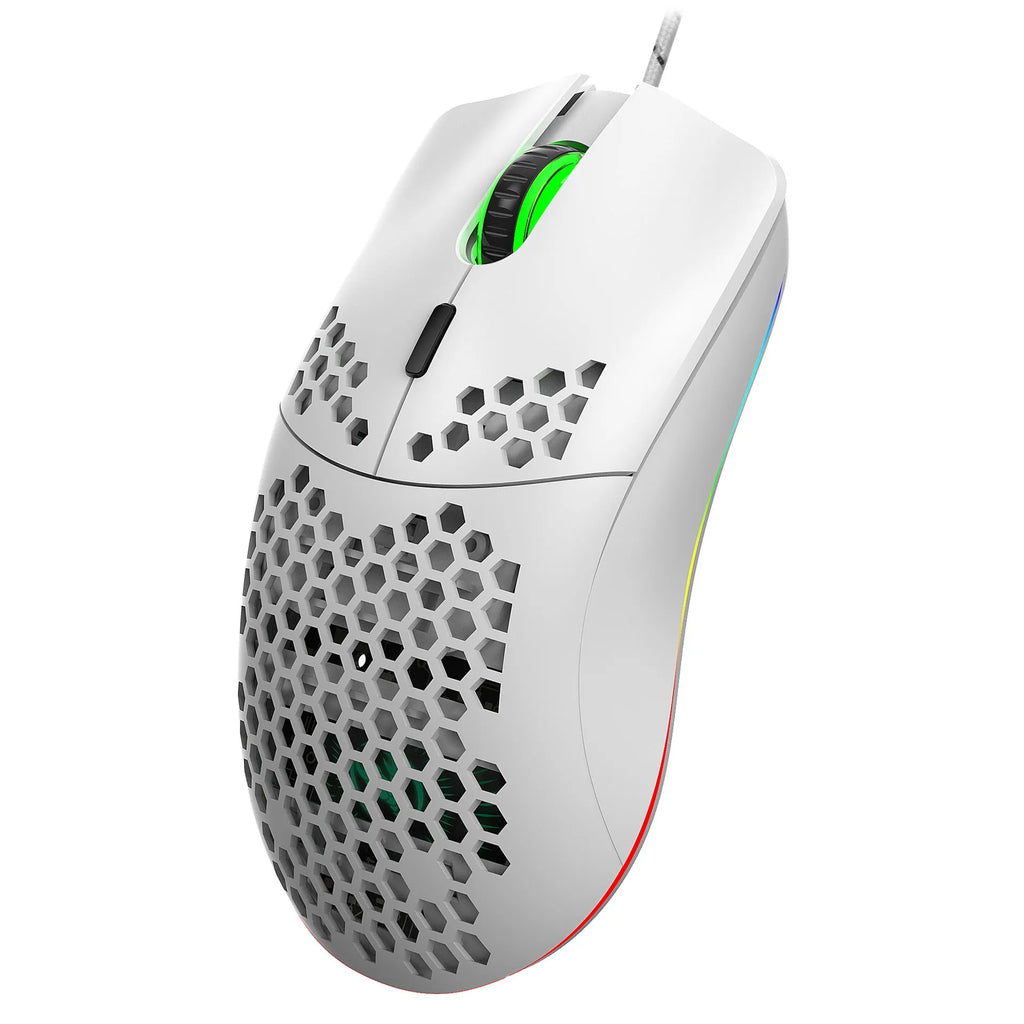 J900 lightweight honeycomb shell wired gaming mouse with RGB lighting, black colour, 6 buttons and 150cm cable