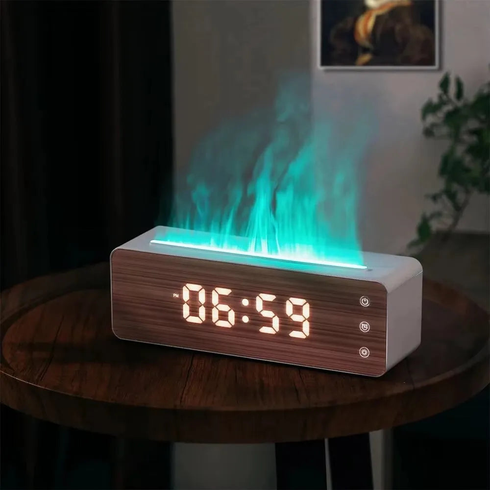 Homefish flame humidifier with wood-grain panel, clock and humidity display on a table
