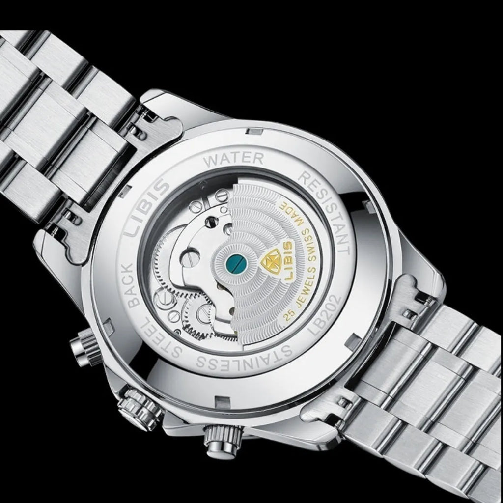 Men's silver automatic perpetual calendar watch with stainless steel bracelet and sapphire crystal glass.