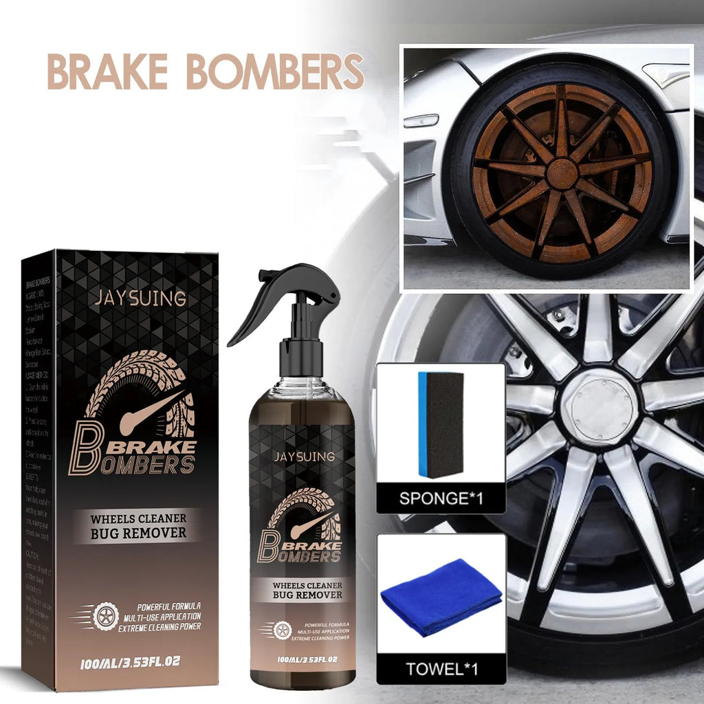Car brake disc cleaner kit showing 100ml bottle, sponge and microfibre cloth