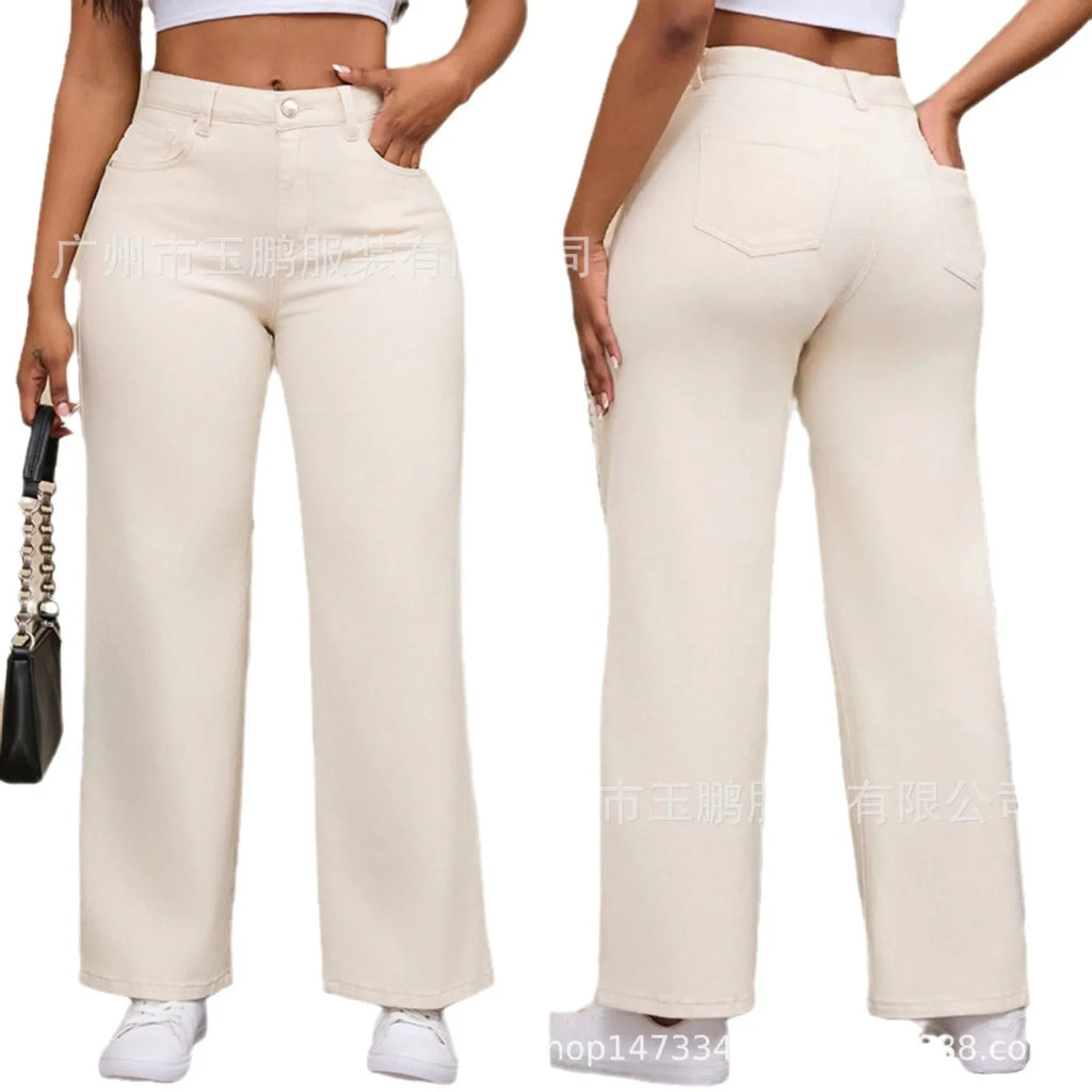 Women's high-waist straight wide-leg jeans in apricot colour on a hanger.