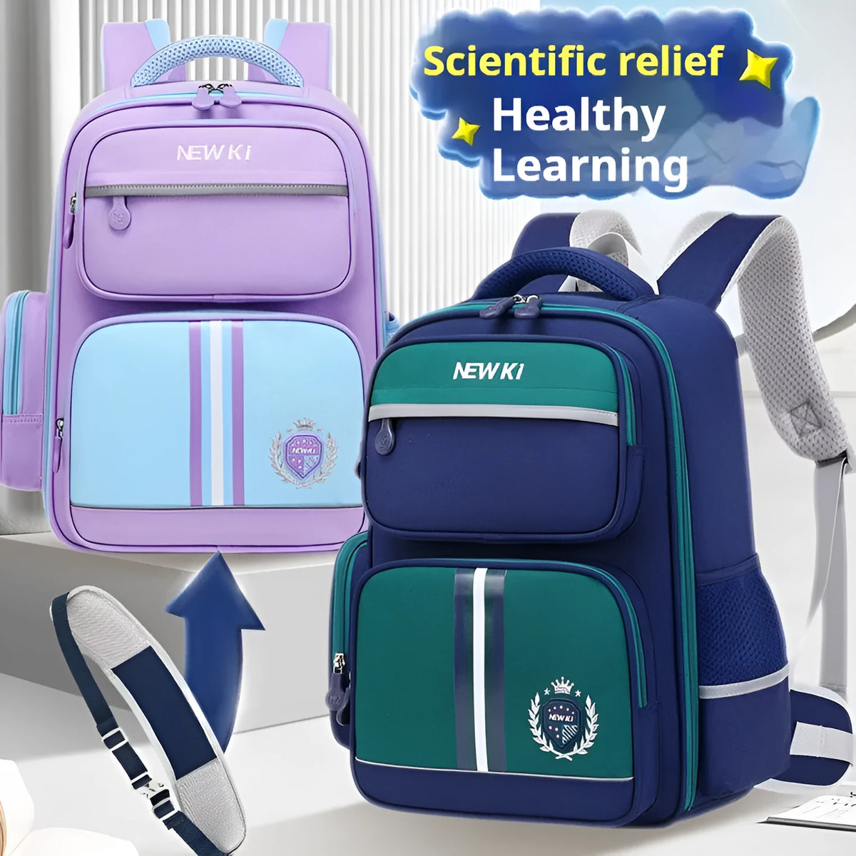 Children's waterproof canvas schoolbag with curved shoulder straps, spine protection, solid colour, small and large sizes