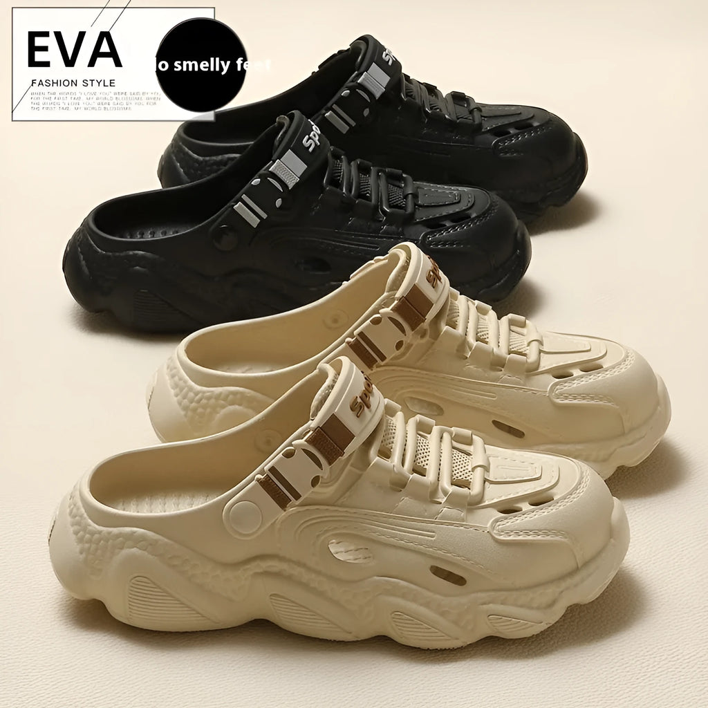 Men's khaki outdoor summer slippers showing hollow out breathable design with EVA sole
