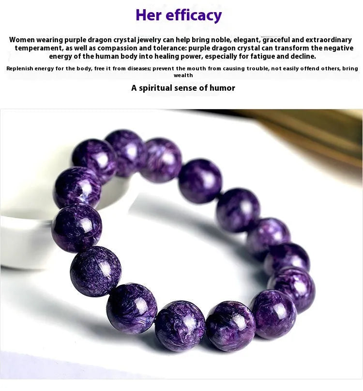 Natural transparent charoite crystal bracelet with Platinum fittings, showing different bead size options.