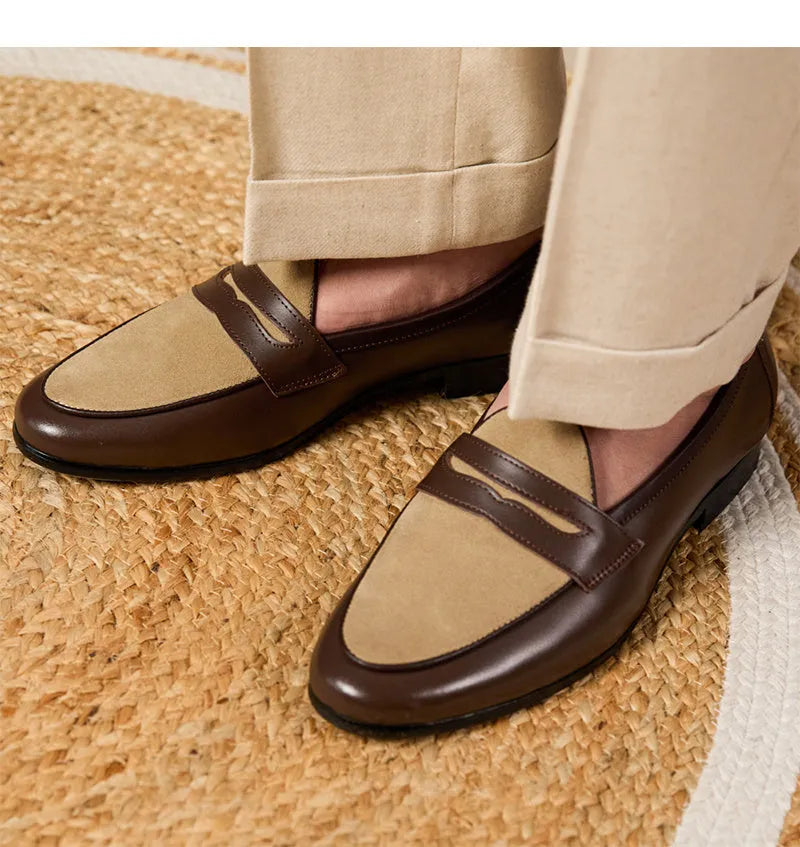 Coffee grey Belgian loafers slip-on shoes with high-gloss suede leather upper and rubber sole