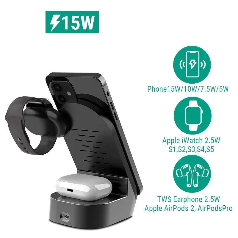 Black grey foldable 3-in-1 wireless charger stand with phone upright, watch and earbuds case on pads.