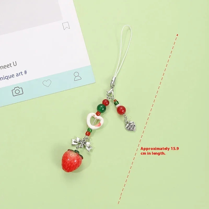 Plastic fruit pattern keychain charm with rope attachment for phone and bag decoration