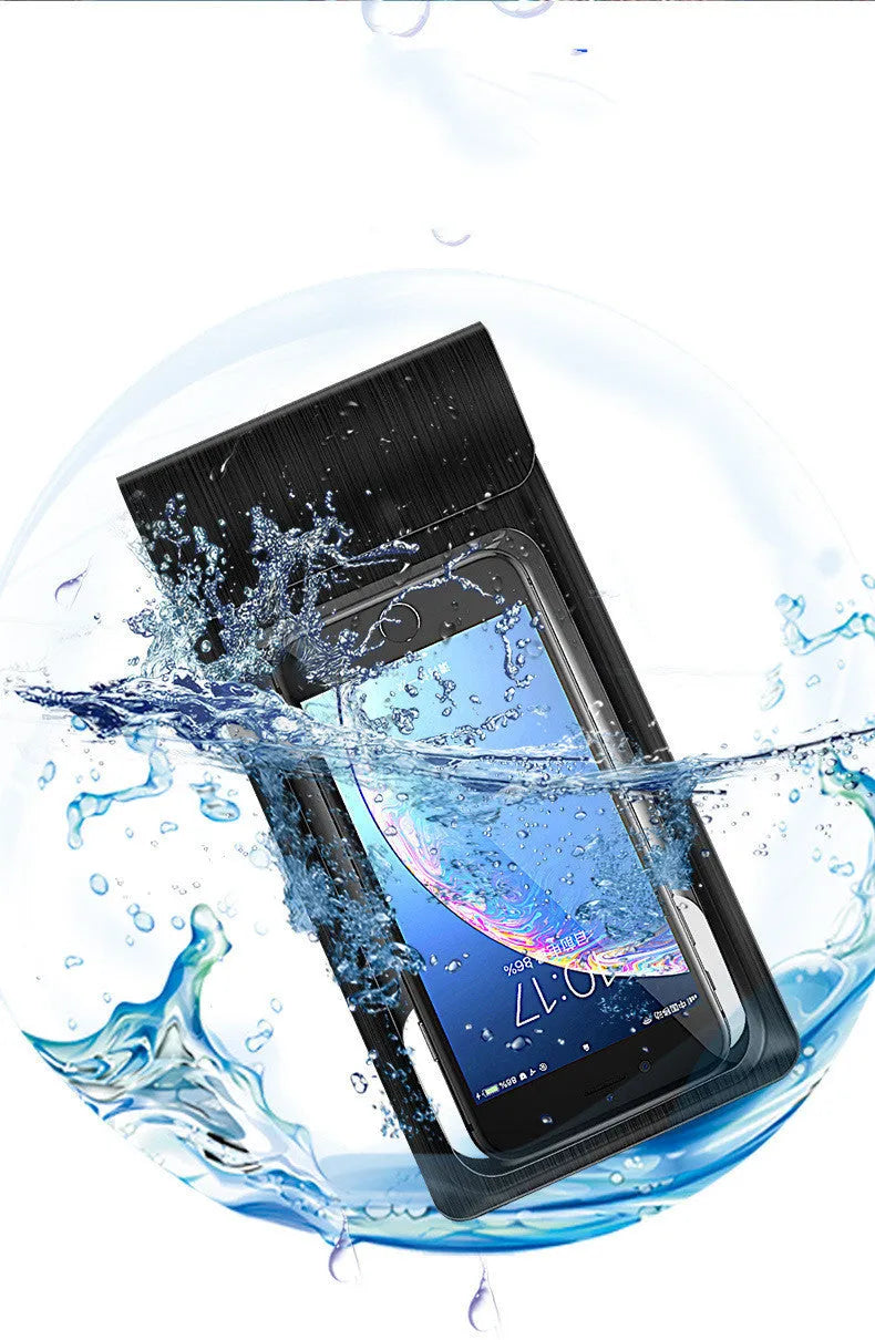 Black mobile phone waterproof bag with synthetic leather and TPU window, 22cm by 10.6cm