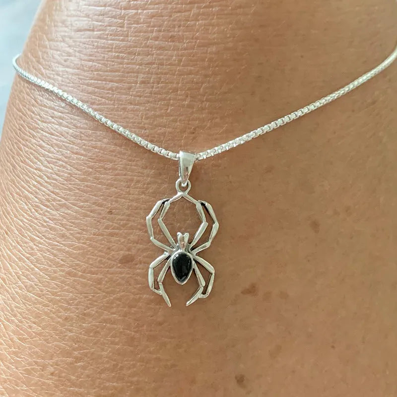 Lady Halloween ghost spider necklace with copper box chain and mixed gemstone inlay pendant in gold black colour
