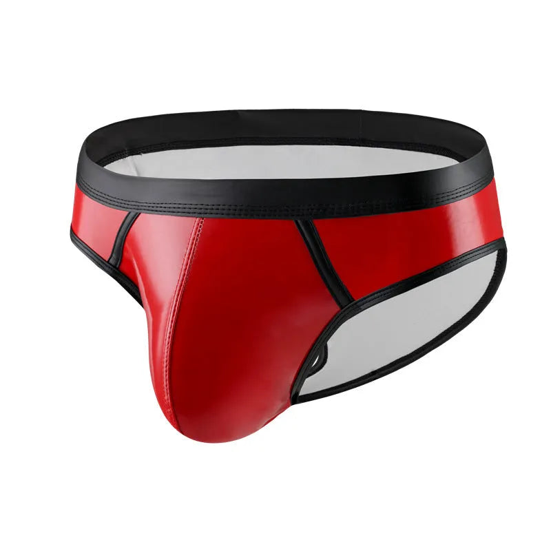 Men's patent leather look swim briefs in gold, silver and red colours with low waist design