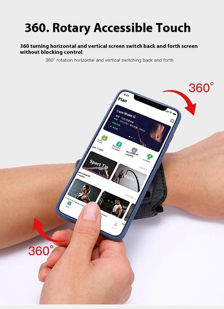 Black mobile phone arm strap holder suitable for sports and takeaway driving on a wrist.