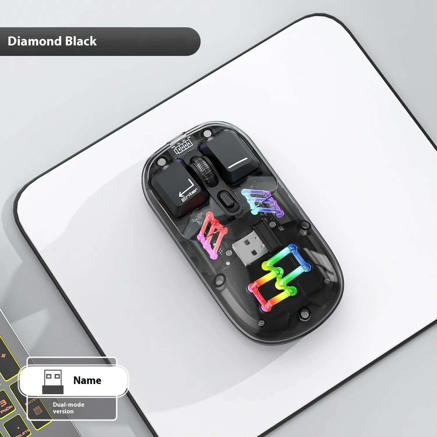 Custom mechanical keyboard and wireless mouse in selected colour option with backlight illumination.