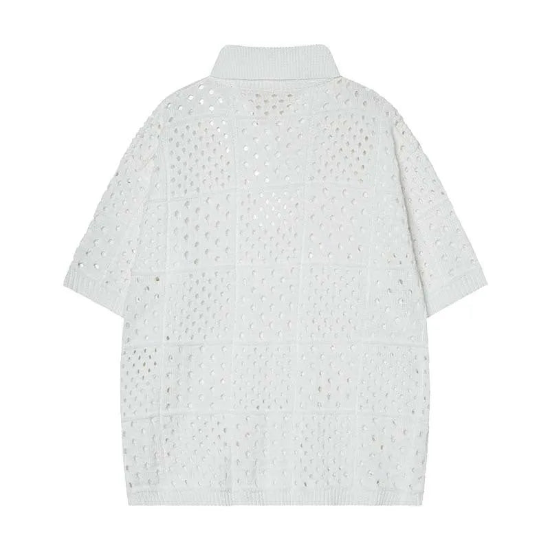 Black loose-fit short-sleeved polo shirt with a cardigan style and hollow knit fabric on a hanger.