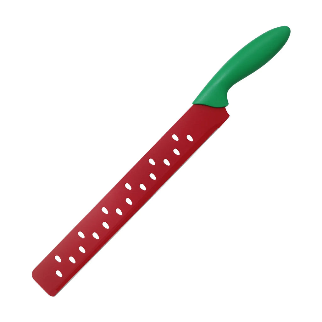 Stainless steel watermelon cutter with long blade and alloy handle on white background