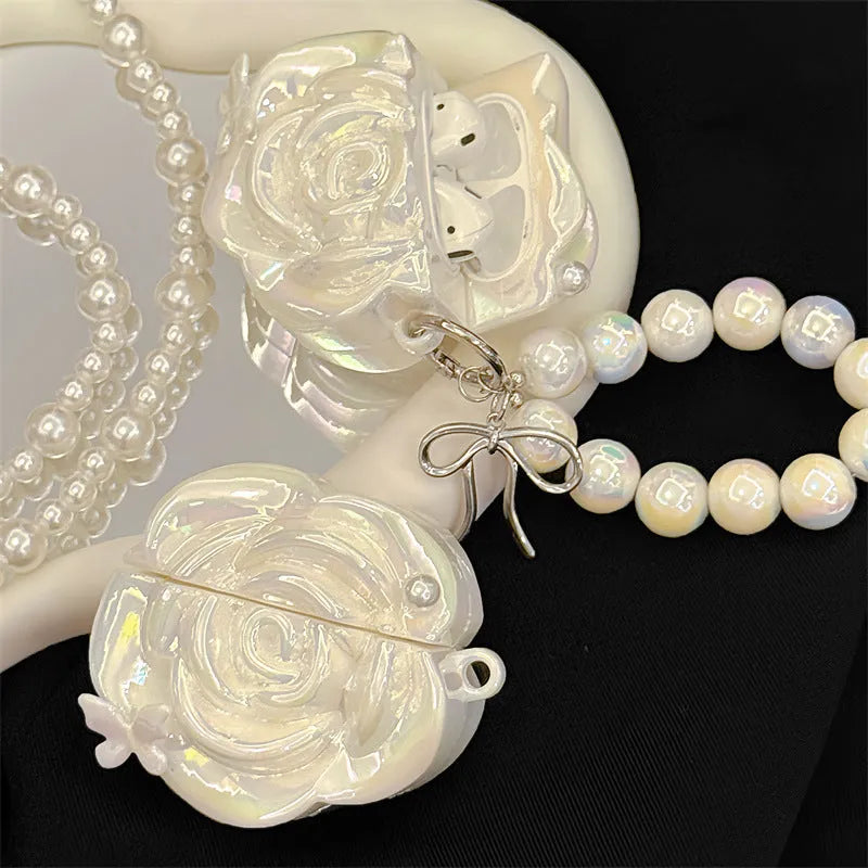Pearl white camellia silicone AirPods case with lanyard, laser pearlescent finish