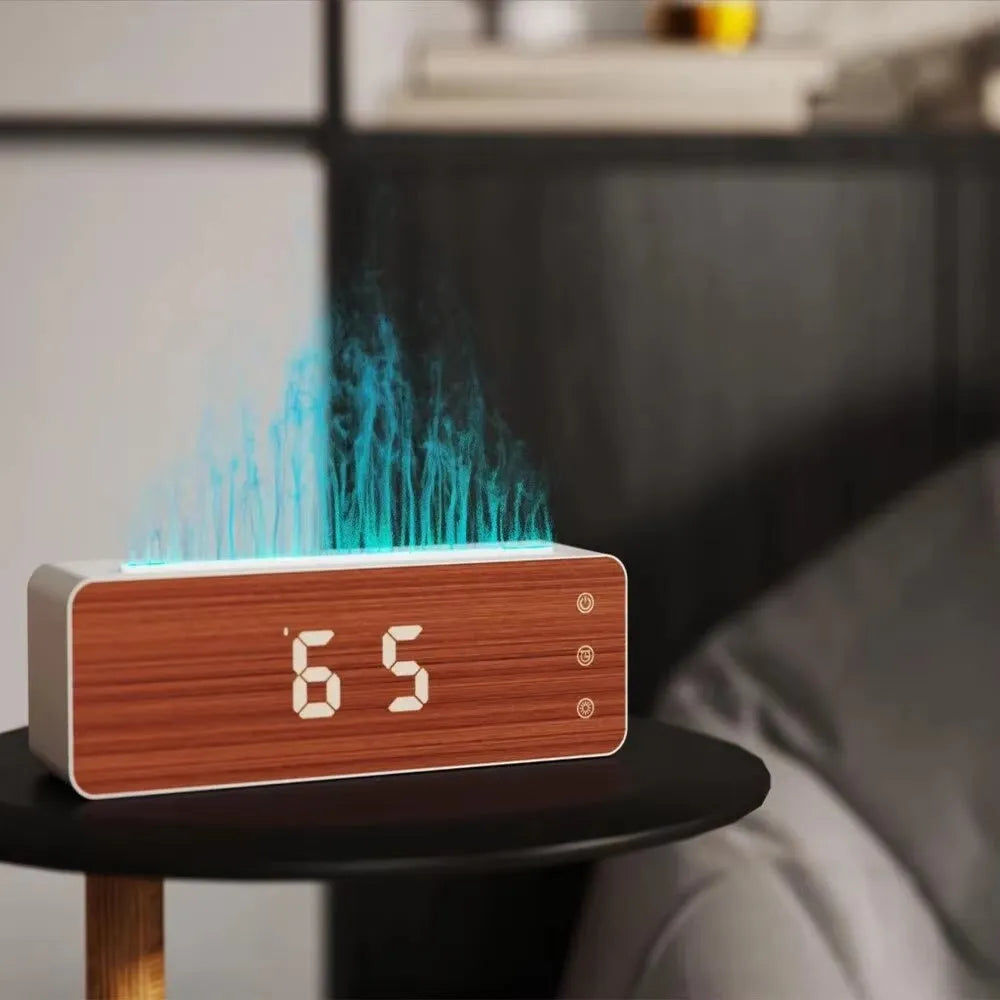 Homefish flame humidifier with wood-grain panel, clock and humidity display on a table