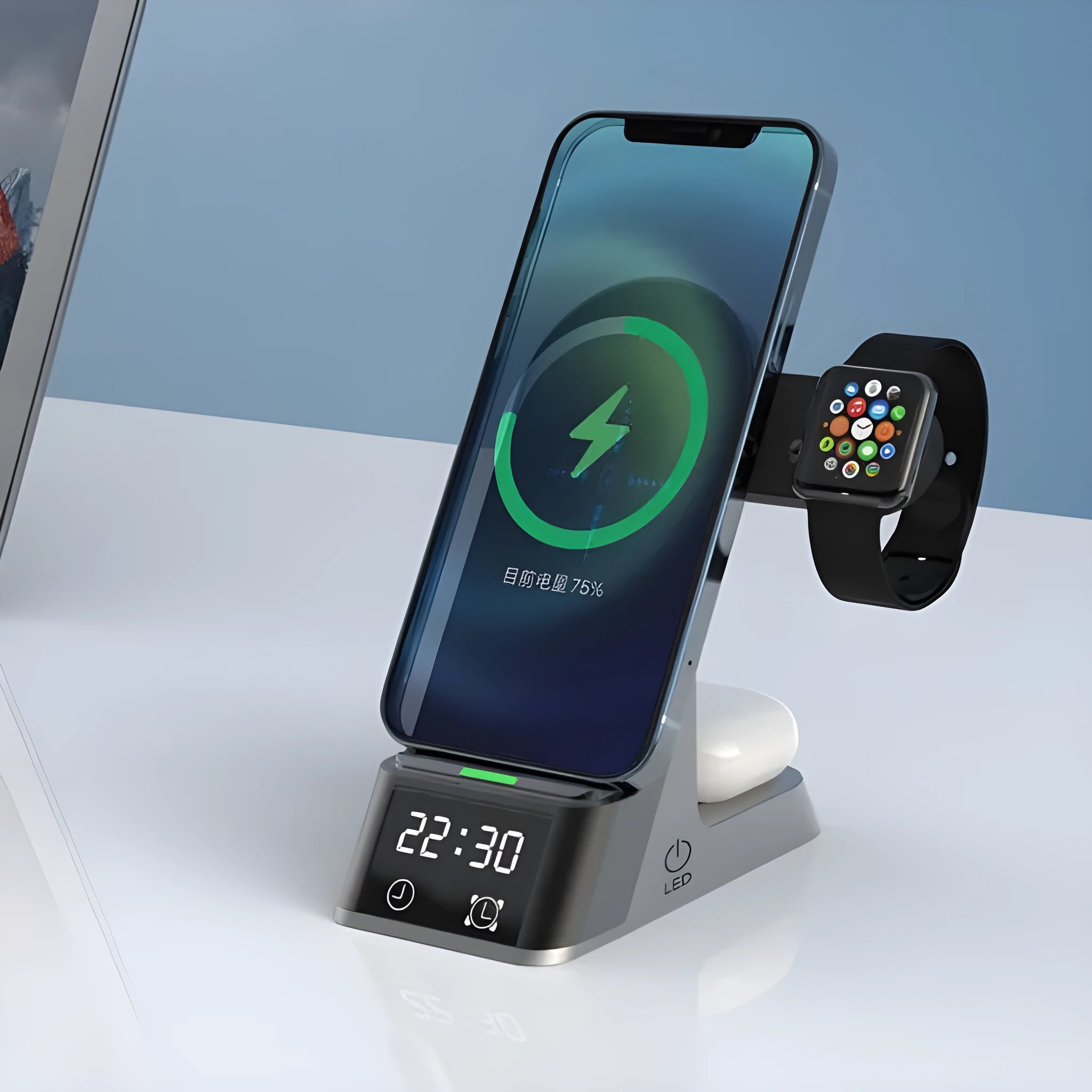 Black multifunctional alarm clock with integrated wireless charging pad and USB ports