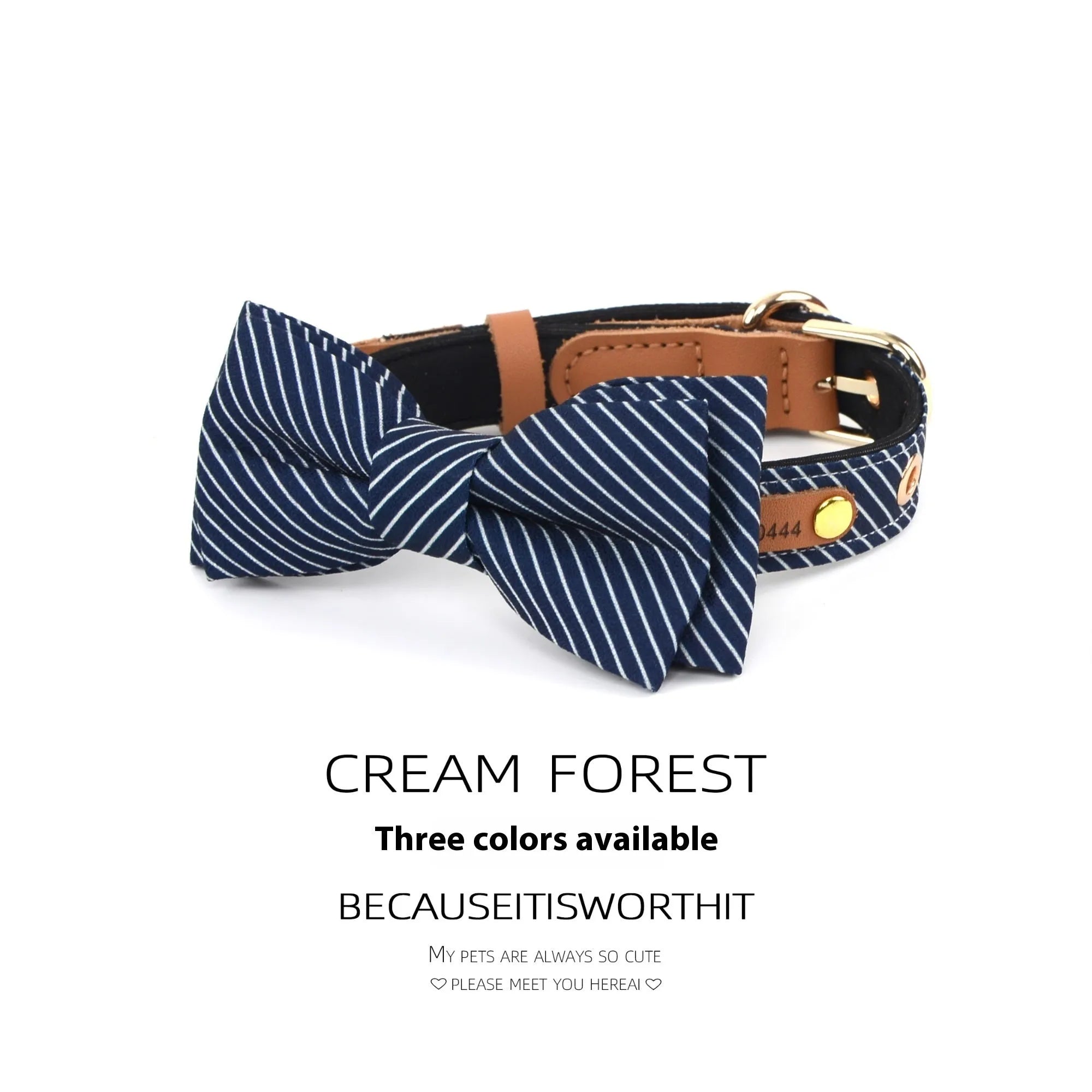 Cotton dog collar with detachable bow in dark blue colour showing 2cm width
