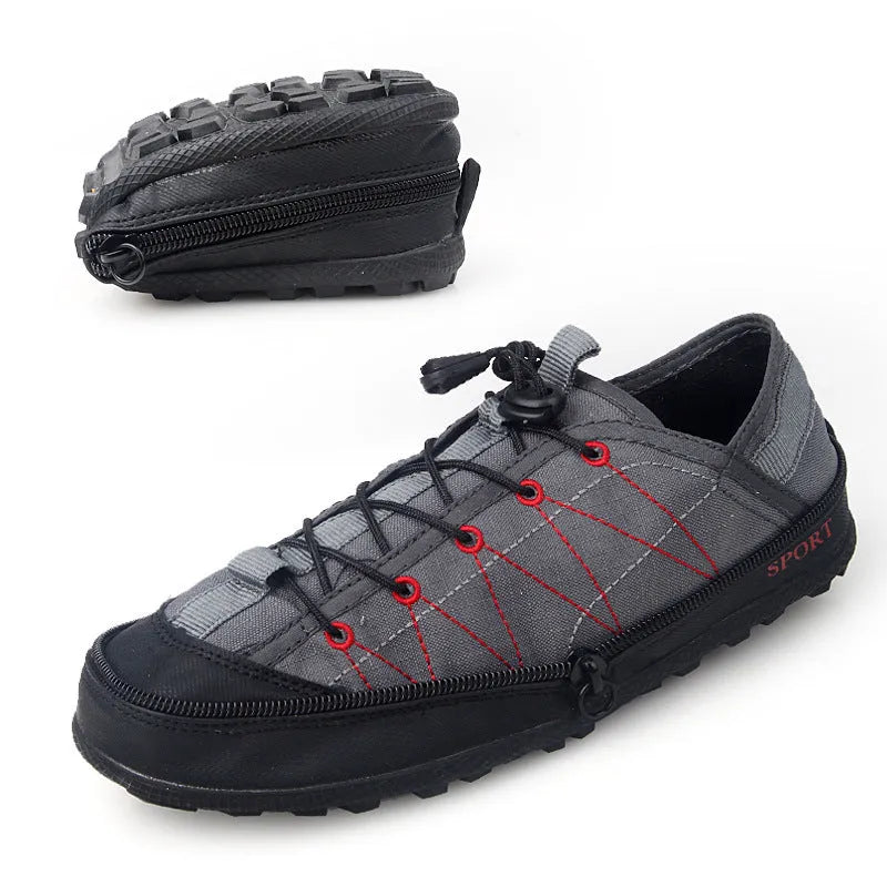 Orange portable folding outdoor shoes with a side zipper and mesh uppers shown flat and folded.