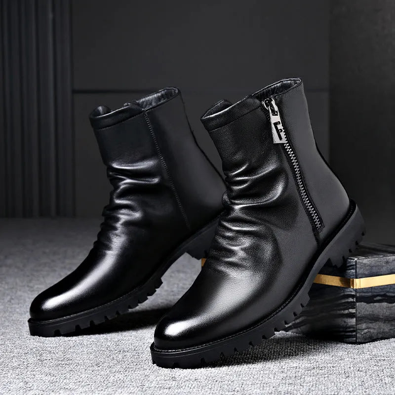 Men's black high-top leather Martin boots with side zipper, two-layer cowhide upper, and artificial wool lining.