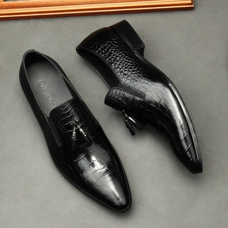 Formal men's black genuine cowhide leather pointed toe dress shoes with rubber sole