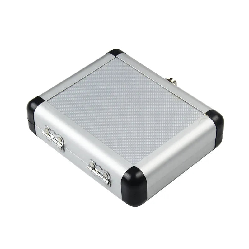 Gold-coloured aluminium storage box with steel plate opening, showing scale with a 58-80 mm length.