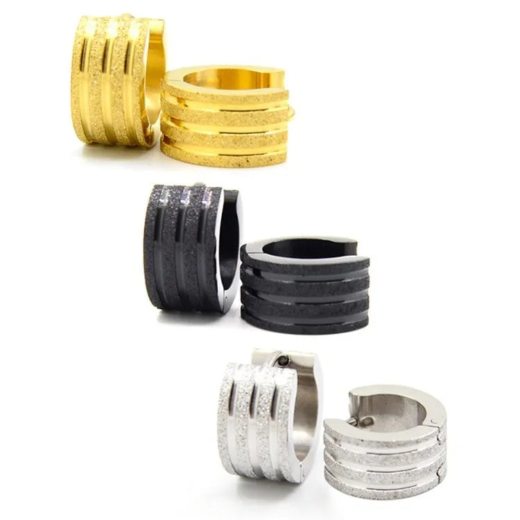Titanium steel three-line frosted geometric earrings in black, gold or steel colours