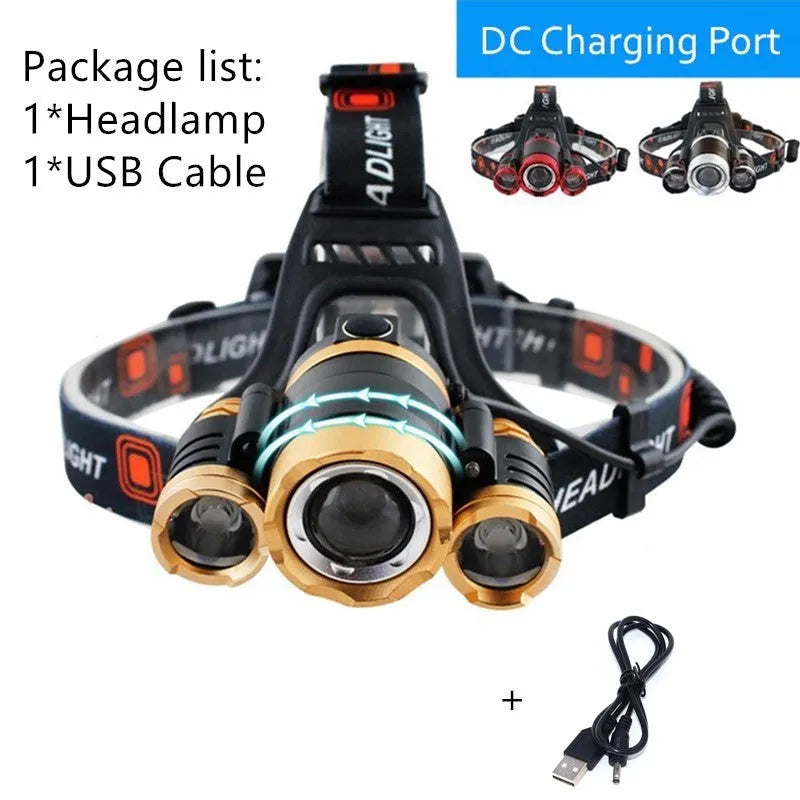 Aluminum alloy rechargeable LED headlamp with elastic headband, shown illuminating in dark setting.