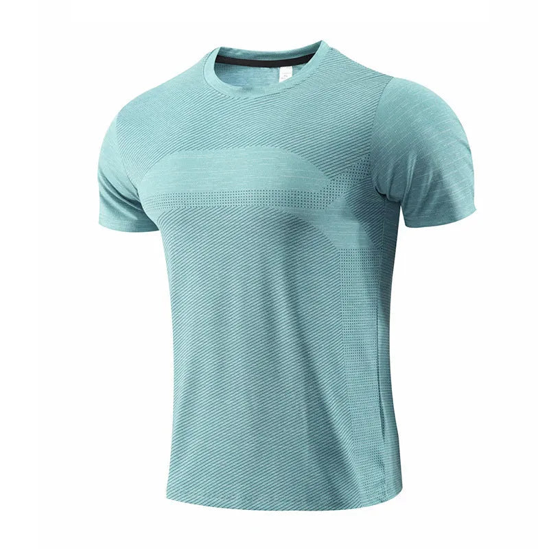 Short sleeve running T-shirt in polyester spandex fabric, available in red, black, and blue colours.