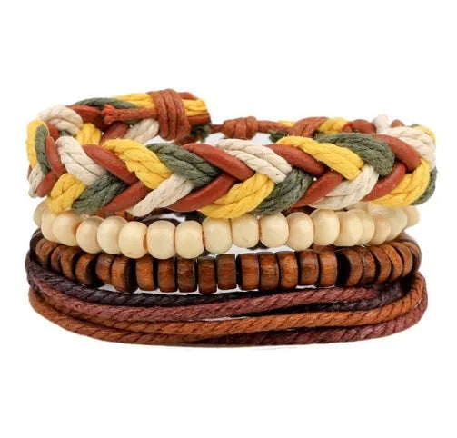 Hand-woven adjustable leather wrap bracelet with wooden beads and natural ropes in vintage punk style