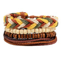 Hand-woven adjustable leather wrap bracelet with wooden beads and natural ropes in vintage punk style