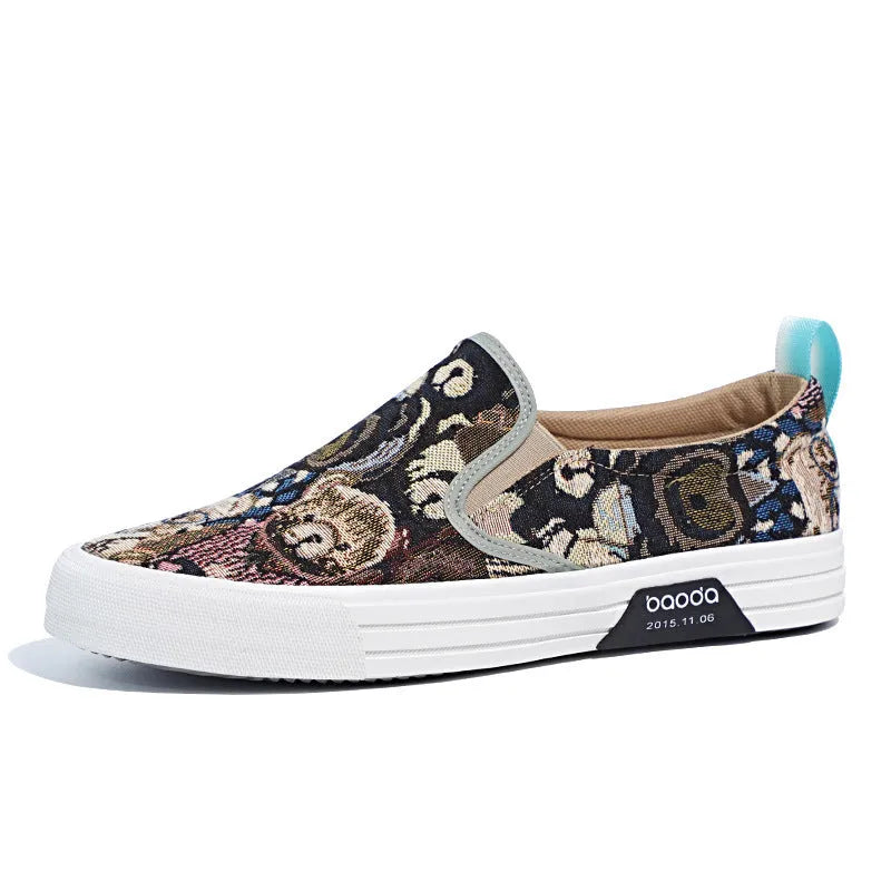 Canvas slip-on sneakers in khaki colour with vulcanised rubber sole and round toe design